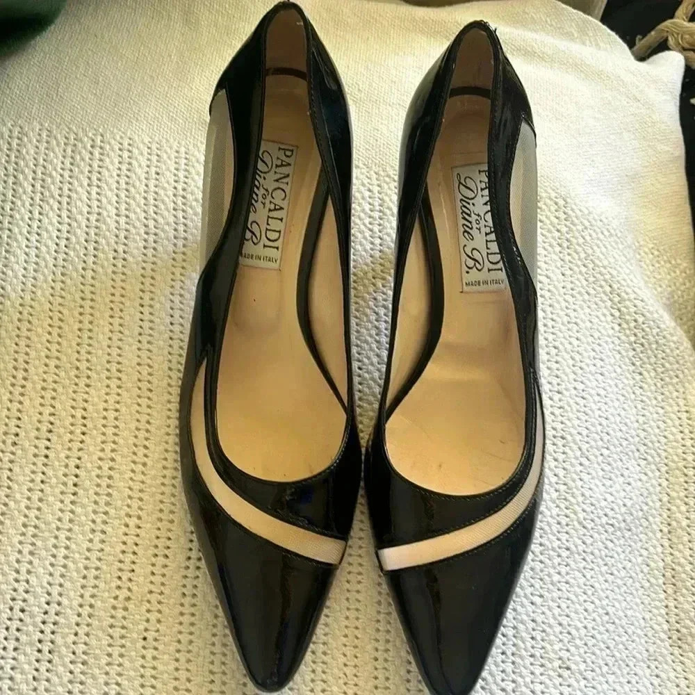 PANCALDI FOR DIANE B italian black river leather and mesh pumps shoes  39 1/2